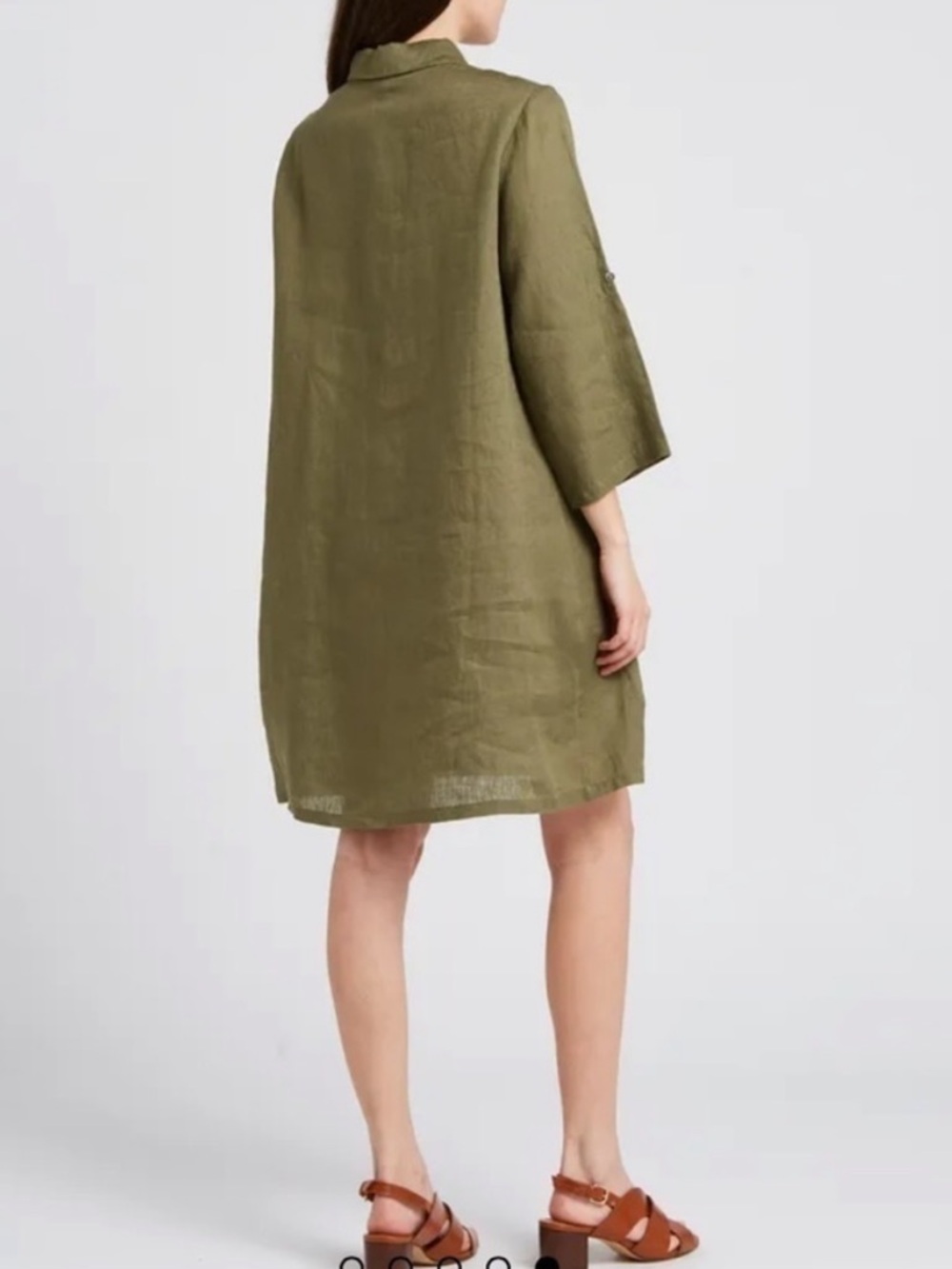 Elena Baldi Linen Dress Tunic Olive Green Roll Tab Sleeve Size Large - Picture 2 of 11